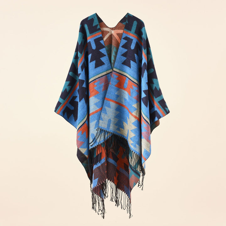 Damen Oversize-Ruana mit V‑Ausschnitt, grobem Jacquardmuster und langen Fransen Drune
