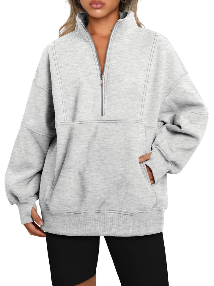 Damen Oversize-Sweatshirt mit halbem Reißverschluss, Stehkragen und Kängurutasche Drune