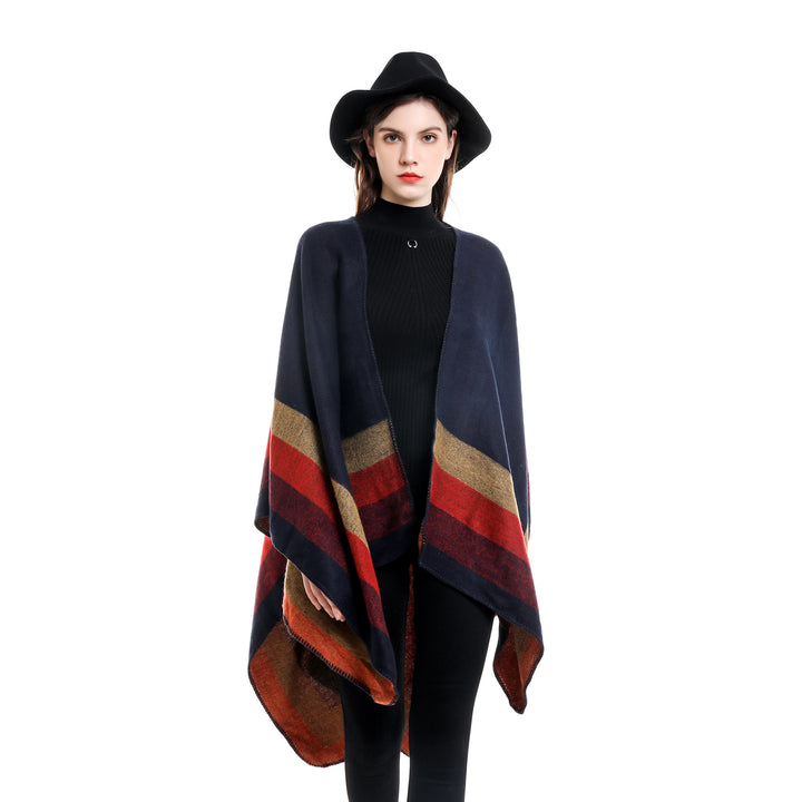 Damen Wolloptik-Poncho mit asymmetrischen Blockstreifen und Zierstichkante Drune