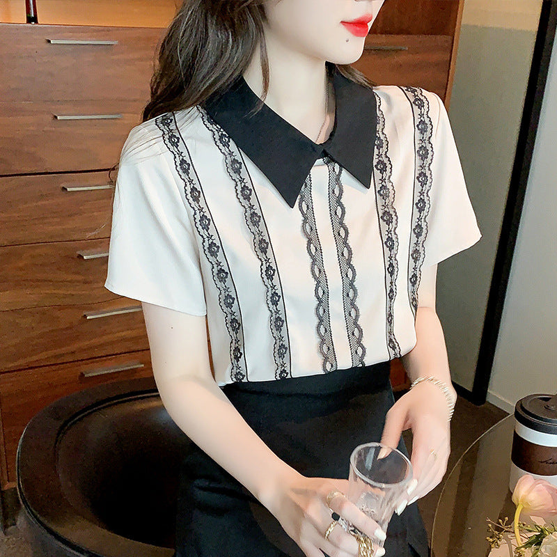 Damen Elegante Bluse mit Spitzen- und Streifenakzenten Drune