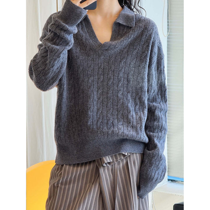 Damen Strickpullover mit Polokragen, V-Ausschnitt und Zopfmuster Drune