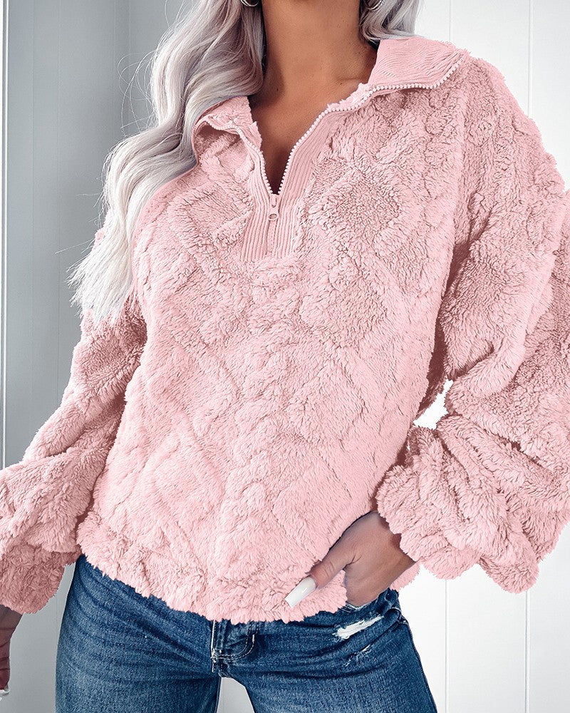 Damen Flauschiger Zip-Pullover mit strukturiertem Design Drune