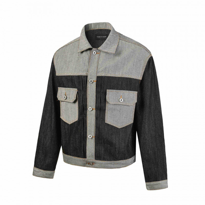 Herren Kurz geschnittene Patchwork-Denimjacke mit aufgesetzten Pattentaschen und konstruktiver Nahtführung Drune