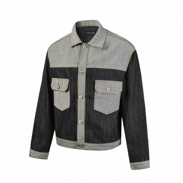 Herren Kurz geschnittene Patchwork-Denimjacke mit aufgesetzten Pattentaschen und konstruktiver Nahtführung Drune