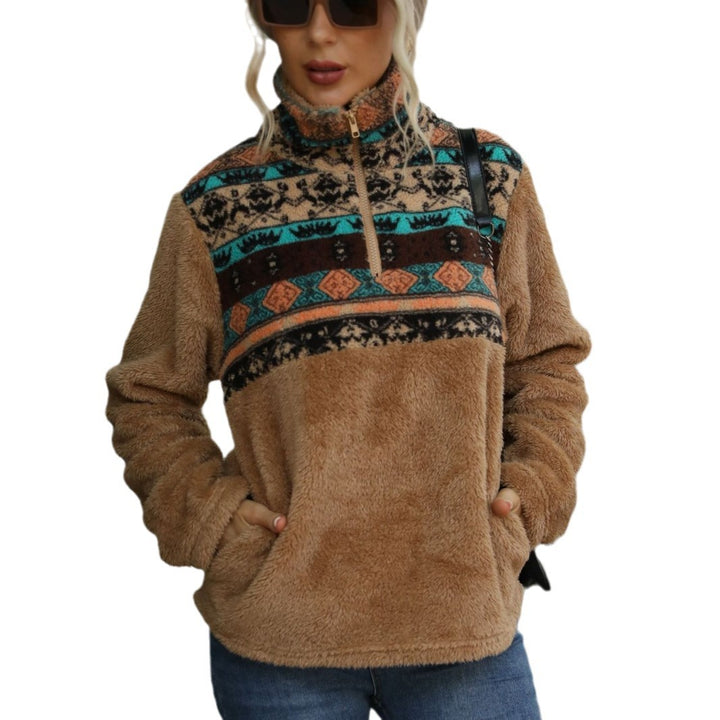 Damen Fleece-Pullover mit halbhohem Kragen und dekorativem Muster Drune