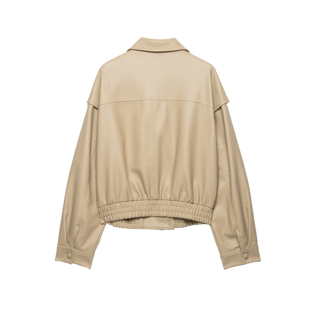 Damen Kurzjacke aus Kunstleder mit breitem Revers und gerafftem Saum Drune