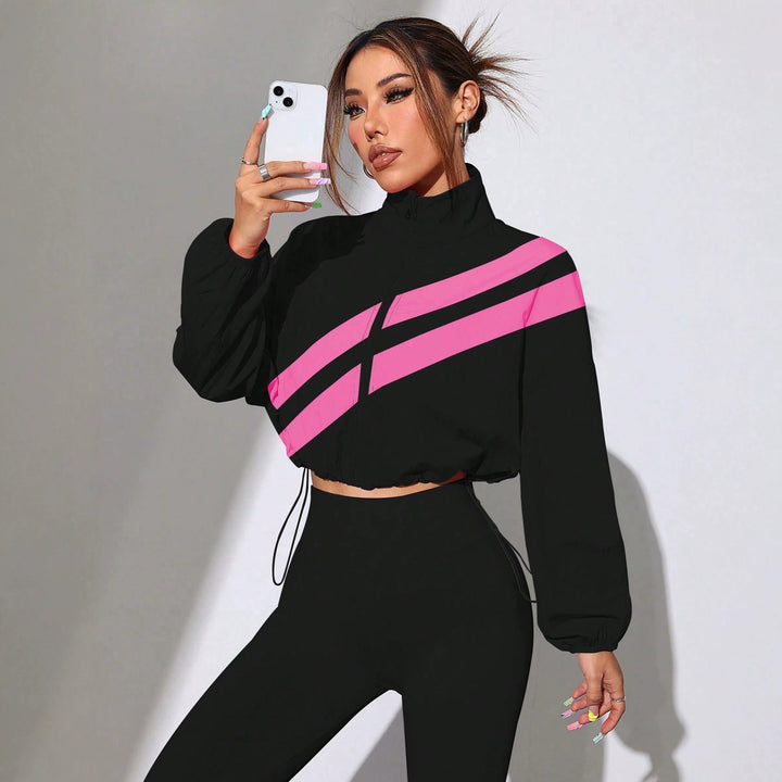Damen Cropped Windbreaker‑Jacke mit hohem Kragen und Kordelzug Drune