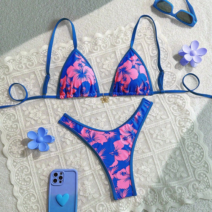 Damen Triangel-Bikini mit floralem Design und verstellbaren Trägern Drune