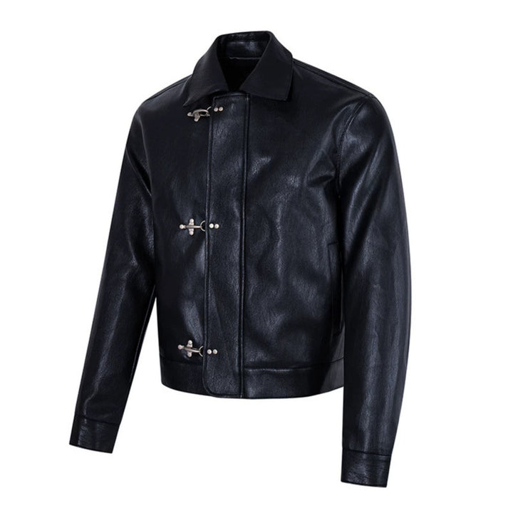 Herren Lederjacke mit Knebelverschlüssen, kurzem Schnitt und Hemdkragen Drune