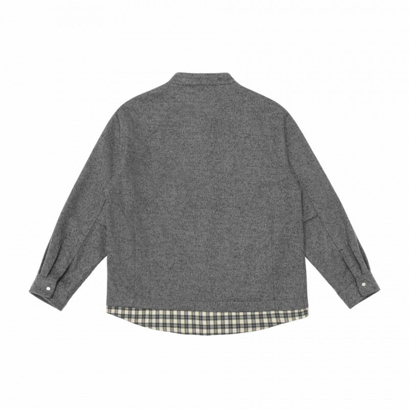 Unisex Oversize Wollmix-Hemdjacke mit Stehkragen, Druckknopfleiste und karierter Saumblende Drune