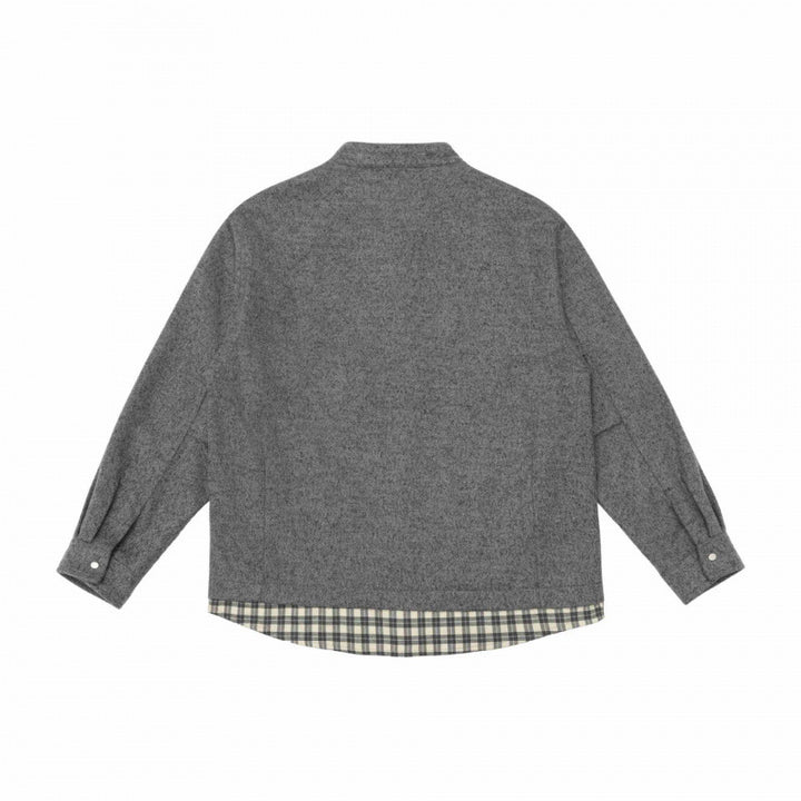Unisex Oversize Wollmix-Hemdjacke mit Stehkragen, Druckknopfleiste und karierter Saumblende Drune