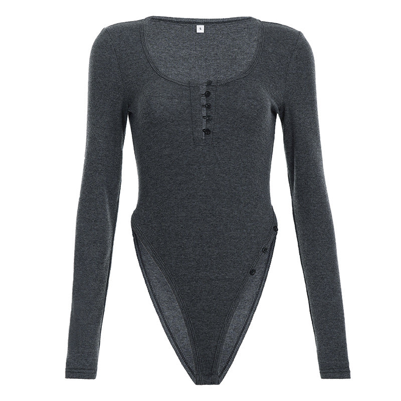 Damen Langarmbody mit tiefem V-Ausschnitt und Knopfdetails Drune