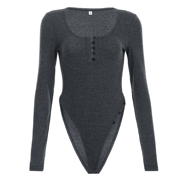 Damen Langarmbody mit tiefem V-Ausschnitt und Knopfdetails Drune