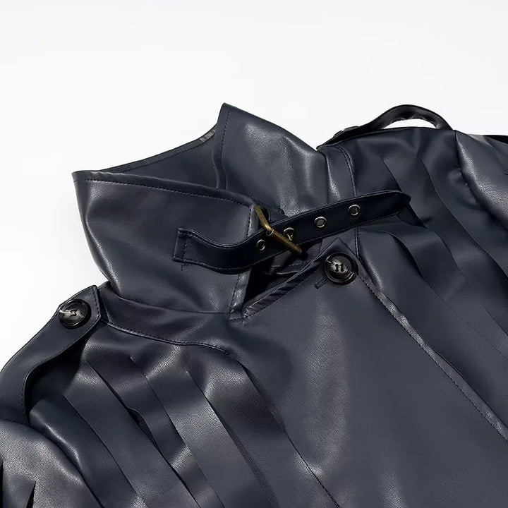 Damen nan kunstleder-blousonjacke mit Streifenfransen, Stehkragen und Taillengürtel Drune