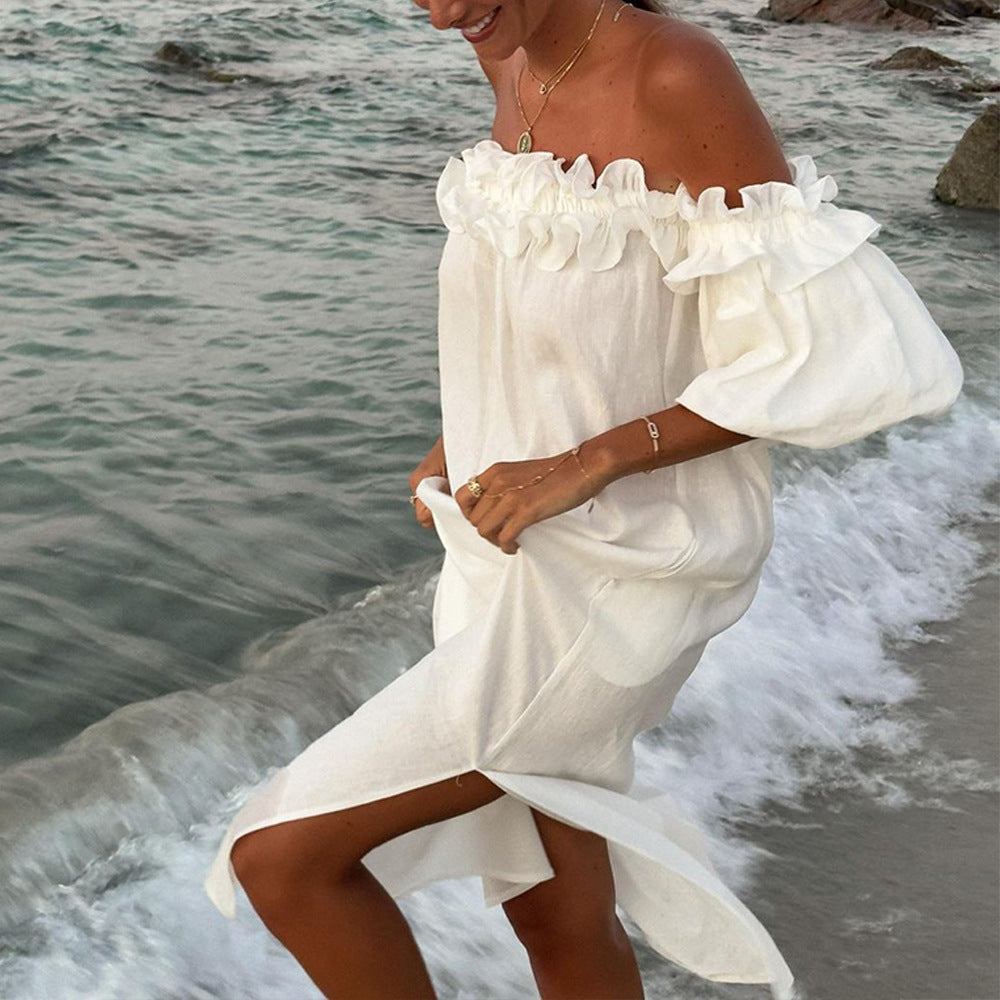 Damen Off-Shoulder Sommerkleid mit Rüschendetails Drune