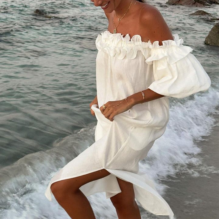 Damen Off-Shoulder Sommerkleid mit Rüschendetails Drune