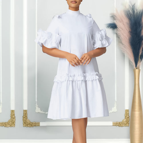Damen Midikleid mit voluminösen Rüschenärmeln und elegantem Stehkragen Drune