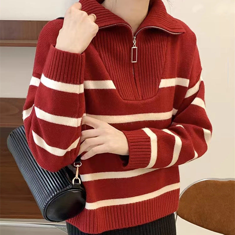 Damen lässiger Pullover mit hohen Kragen und dekorativem Reißverschluss Drune