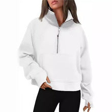 Damen nan weit geschnittenes Kurzpullover mit Stehkragen, halbem Reißverschluss und Kängurutasche Drune