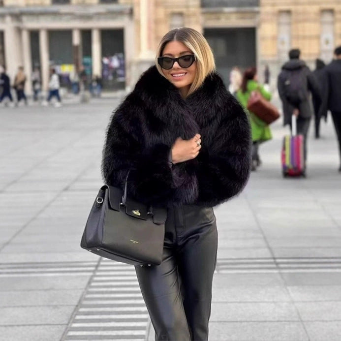 Damen Kurzer Boxy Kunstpelz‑Blouson mit voluminösem Schalkragen Drune