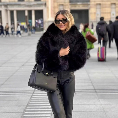 Damen Kurzer Boxy Kunstpelz‑Blouson mit voluminösem Schalkragen Drune