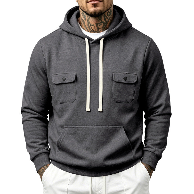 Herren Kapuzenpullover mit Doppel-Brusttaschen und Kängurutasche Drune