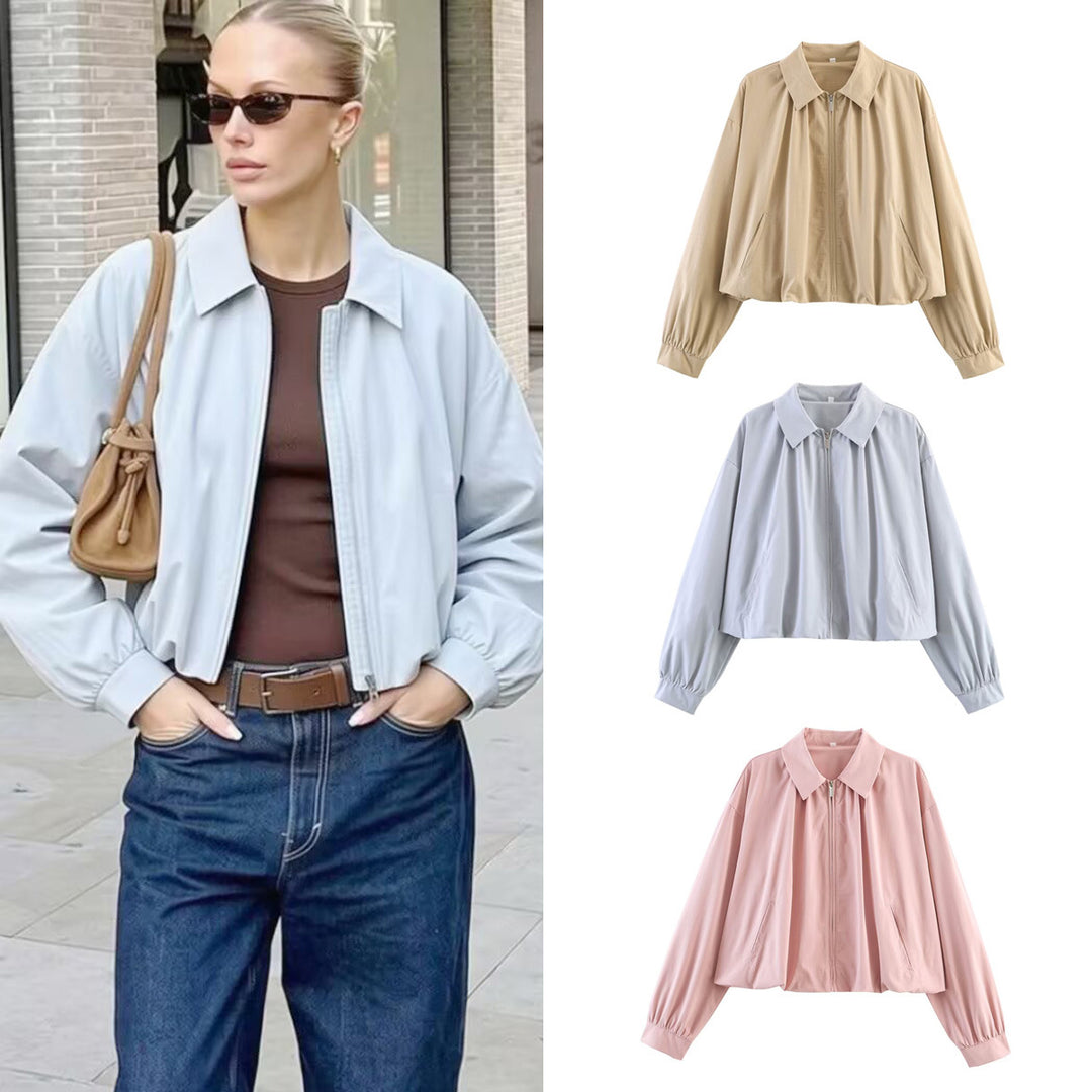 Damen Leichte Cropped Blouson-Jacke mit Hemdkragen, Reißverschluss und Gummizugsaum Drune