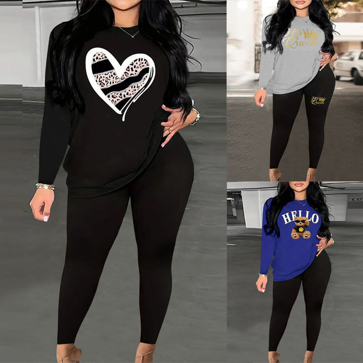 Damen Zweiteiler Lounge-Set mit Herz-Print Sweatshirt und High-Waist Leggings Drune