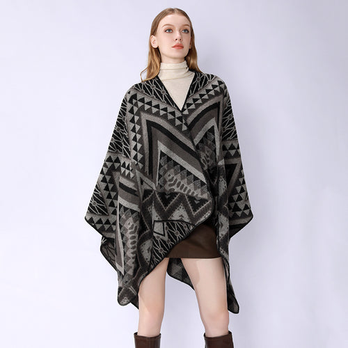 Damen Strukturiertes Jacquard-Poncho-Überwurf mit grafischem Ethno-Muster und offenem Kimono-Fall Drune