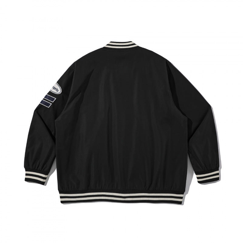 Unisex College-Bomberjacke mit gestepptem Patch, gestreiften Rippsäumen und Druckknopfleiste Drune