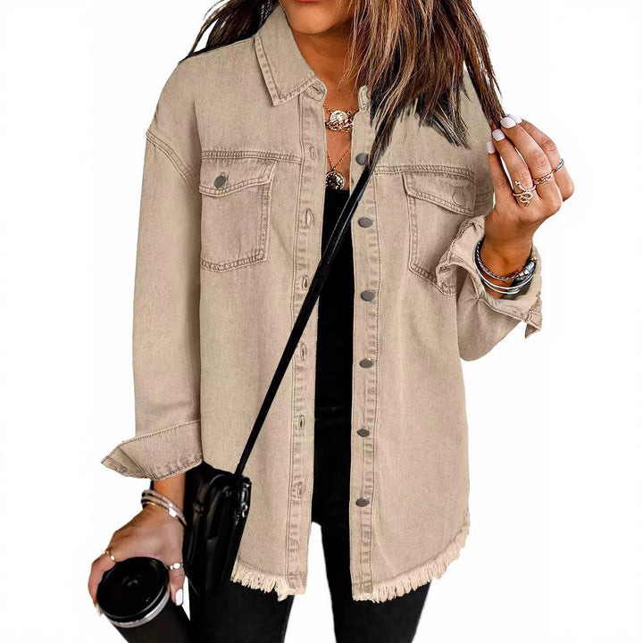 Damen Denim Overshirt mit fransigem Saum und Brusttaschen Drune