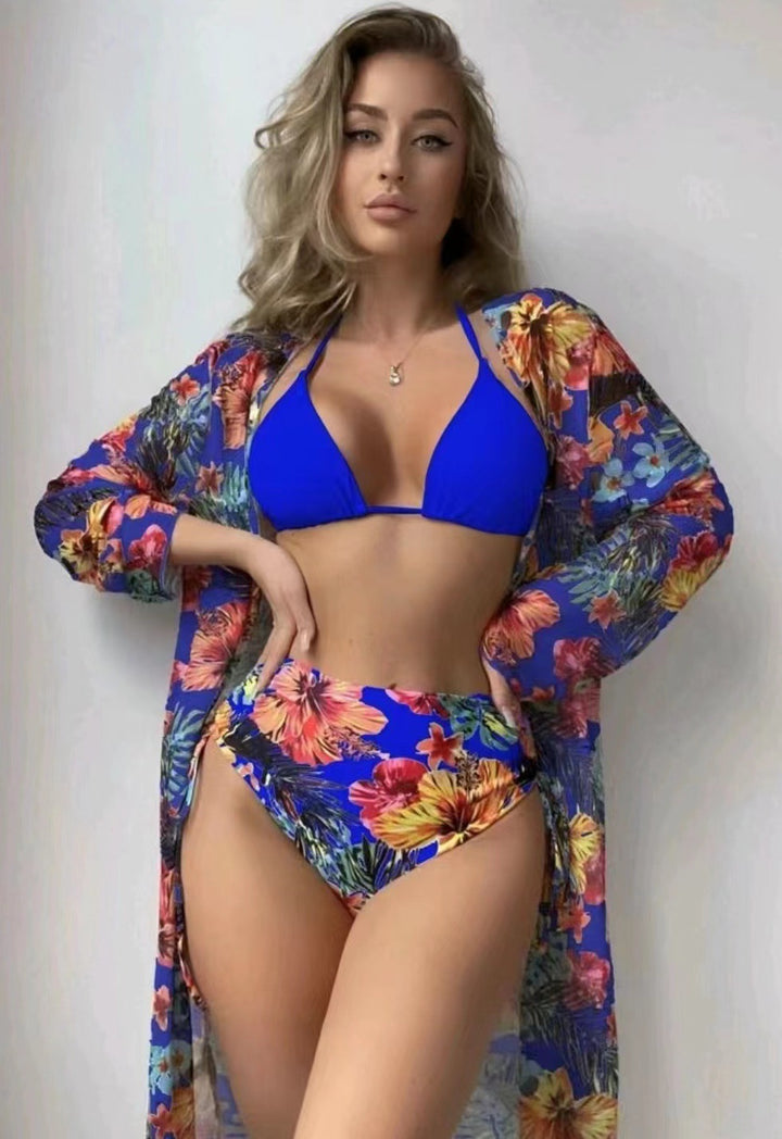 Damen Bunter Bikini mit selbstbewusster Hochbund-Hose und transparenter Strandsch cover Drune