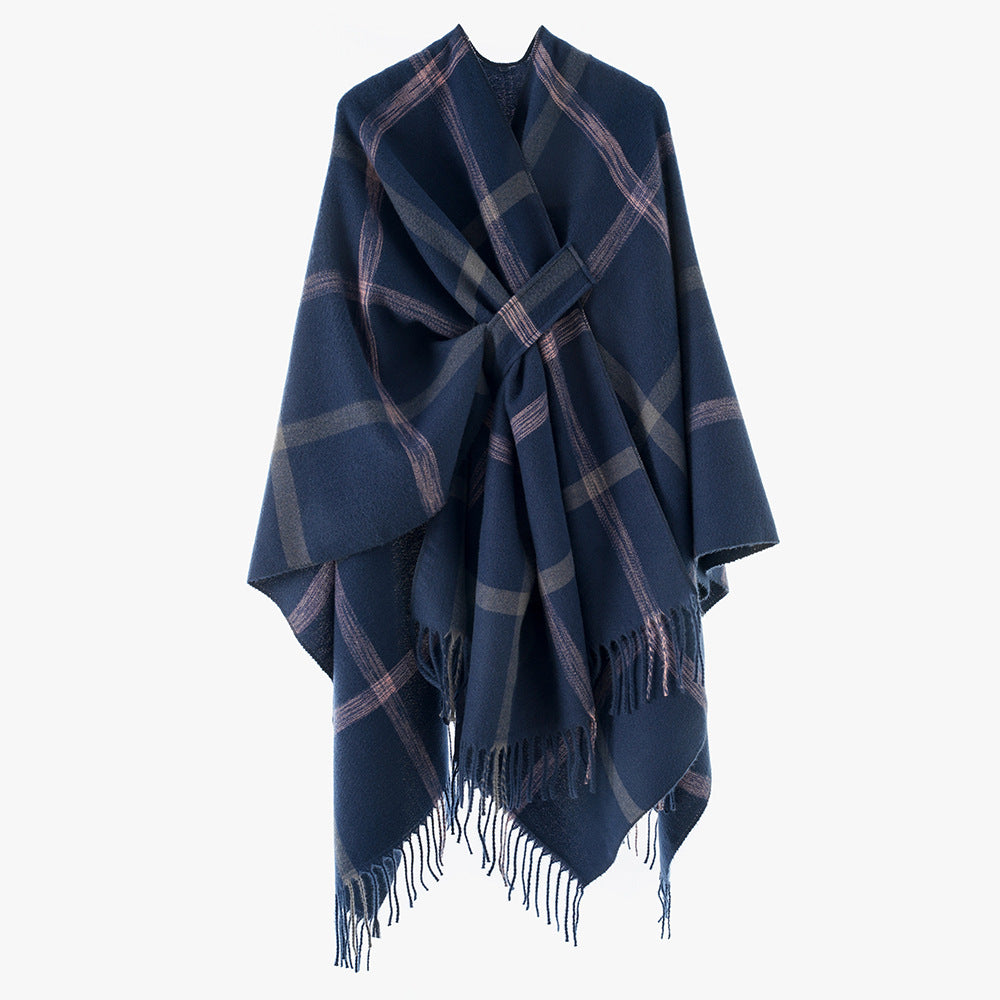 Damen Cape‑Poncho mit integriertem Bindegürtel, kastiger Oversize‑Silhouette und Fransensaum Drune