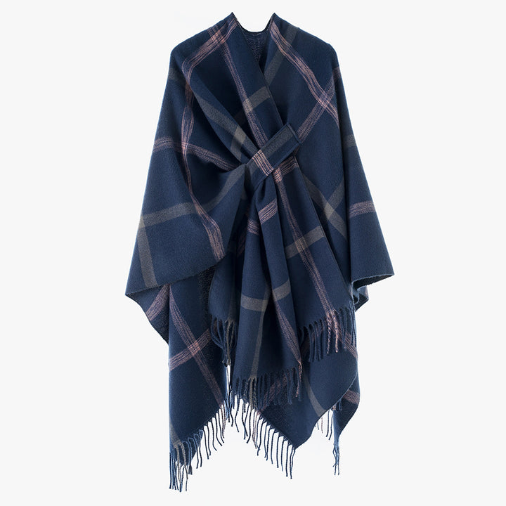 Damen Cape‑Poncho mit integriertem Bindegürtel, kastiger Oversize‑Silhouette und Fransensaum Drune