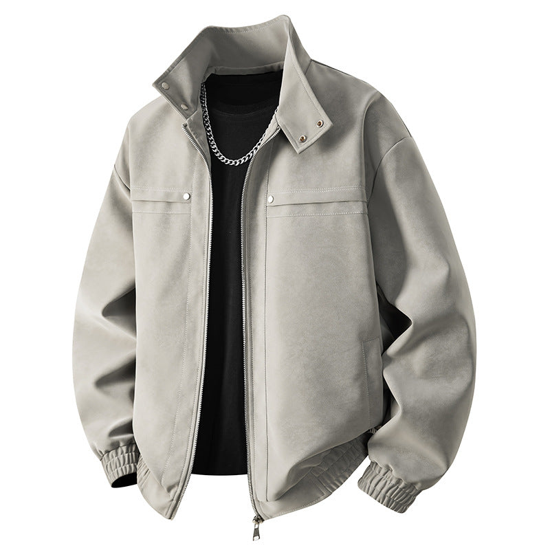 Herren Veloursleder‑Optik Bomberjacke mit Stehkragen, Reißverschluss und elastischem Saum Drune