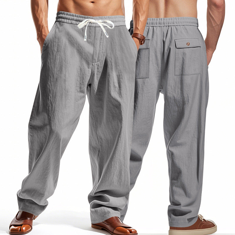 Herren nan lässige Leinen-Freizeithose mit elastischem Bund Kordelzug und aufgesetzten Gesäßtaschen Drune