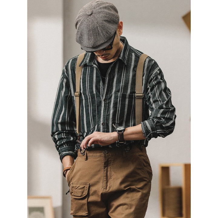 Herren Gestreiftes Overshirt-Hemd aus Baumwoll-Leinen mit Brusttaschen Drune
