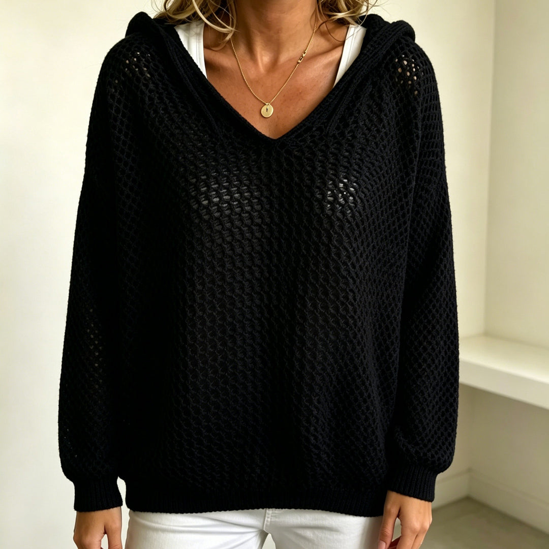 Damen Grobgestrickter V-Ausschnitt-Pullover mit Kapuze und Lochmuster Drune