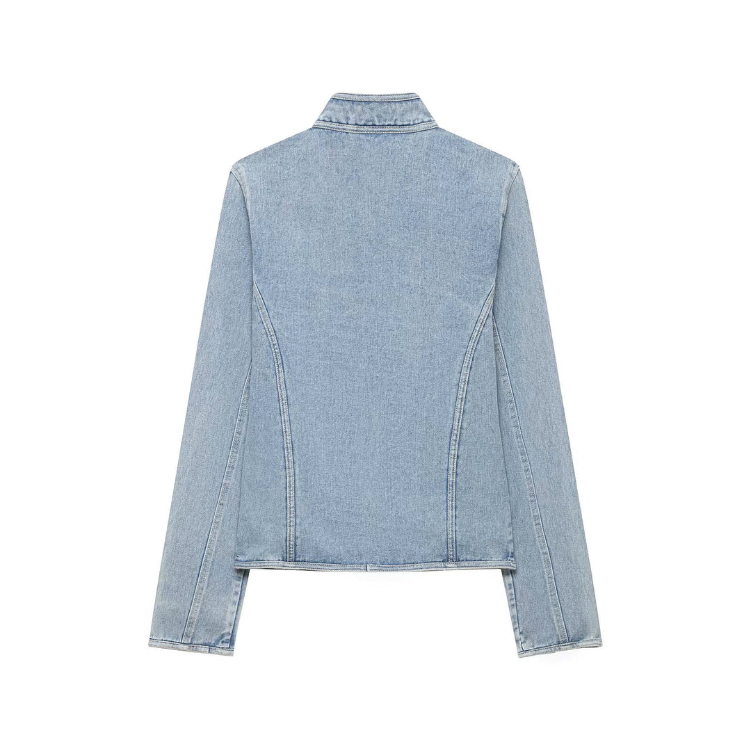 Damen Taillierte Denimjacke mit militärischen Galon‑Details und Stehkragen Drune
