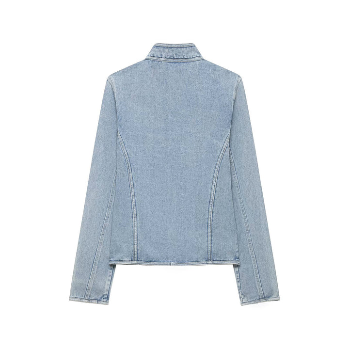 Damen Taillierte Denimjacke mit militärischen Galon‑Details und Stehkragen Drune