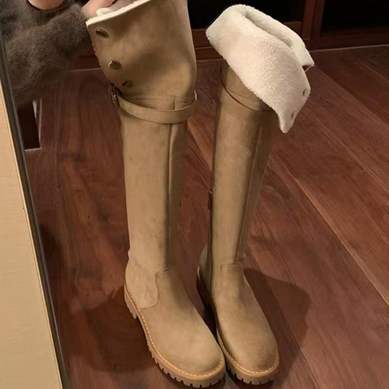 Damen Kniehohe Velours-Winterstiefel mit umklappbarer Schaftrand‑Fütterung und profilierter Lug‑Sohle Drune