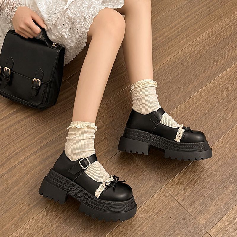 Damen Modische Mary Jane Schuhe mit dekorativer Schleife und robuster Plateau-Sohle Drune