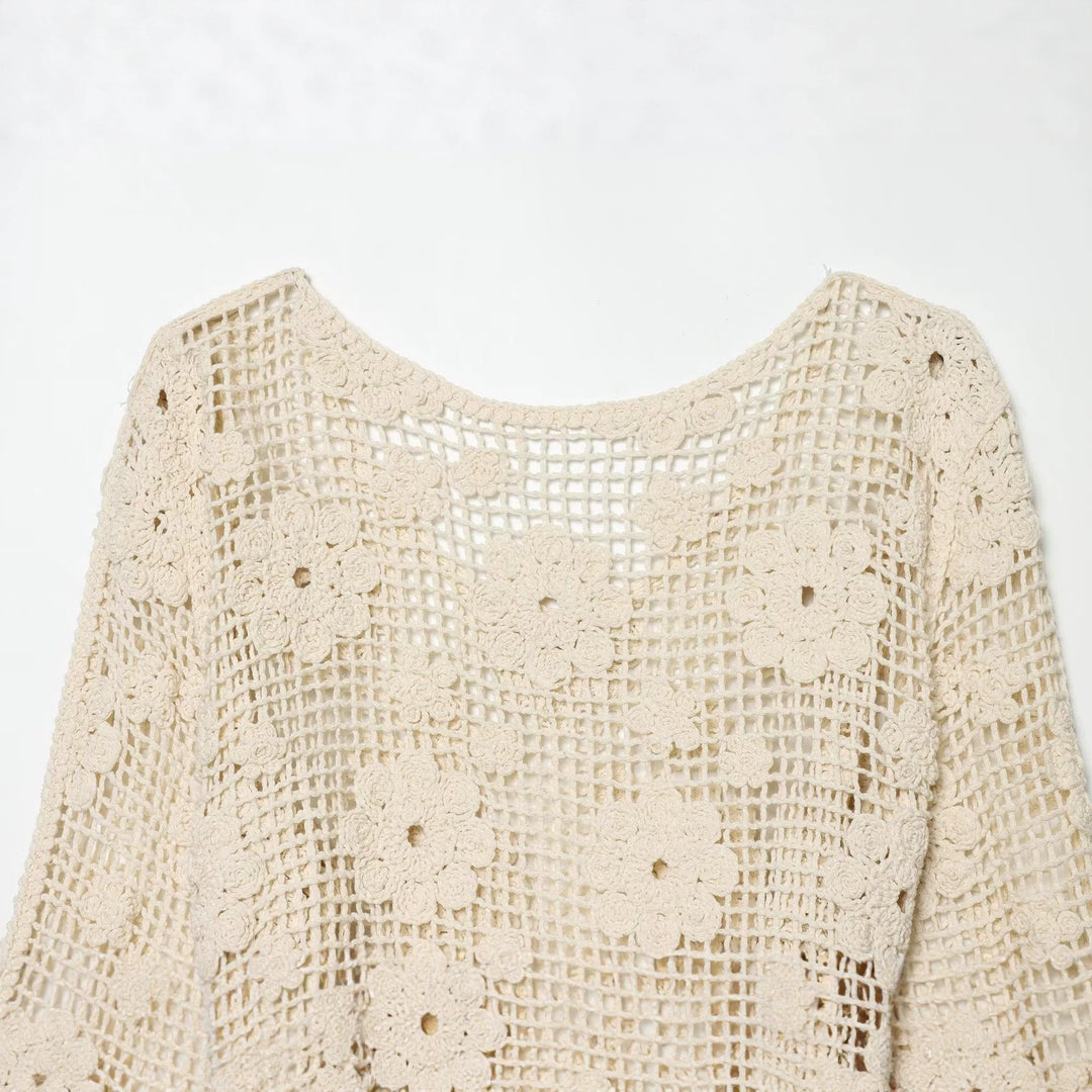 Damen gehäkelter Oversize-Pullover mit Blumen-Openwork und Rundhalsausschnitt Drune
