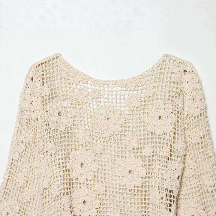 Damen gehäkelter Oversize-Pullover mit Blumen-Openwork und Rundhalsausschnitt Drune