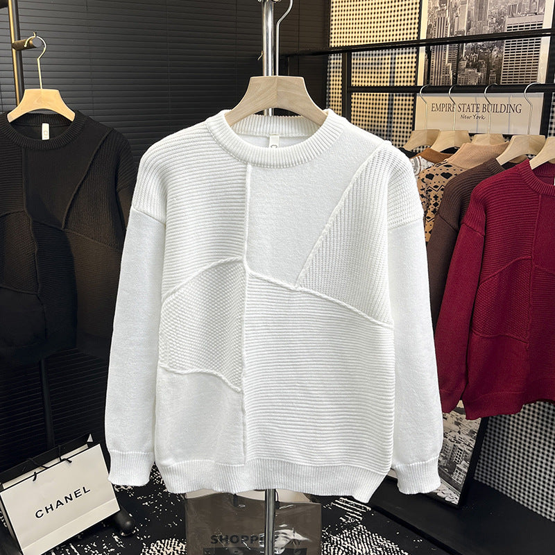 Herren Strukturierter Patchwork-Strickpullover mit Rundhals und gerippten Einsätzen Drune