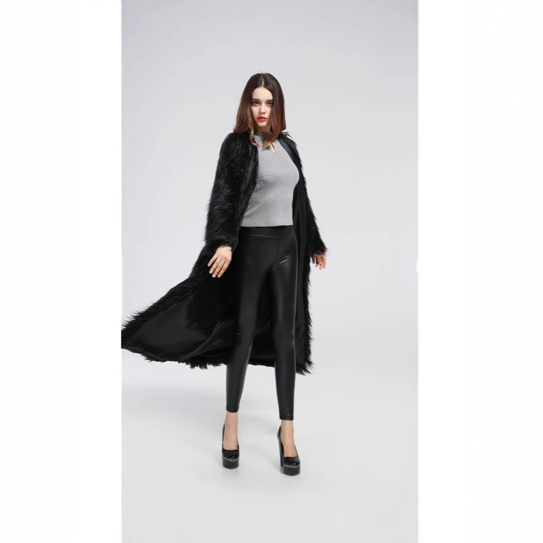 Damen extravaganter bodenlanger Hochflor-Faux-Fur-Mantel mit Schleppe und offenem Schnitt Drune