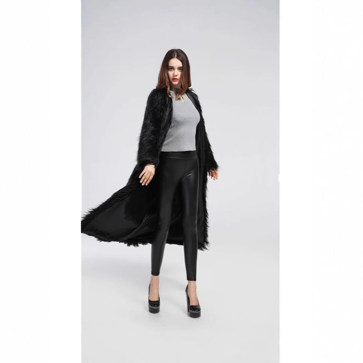 Damen extravaganter bodenlanger Hochflor-Faux-Fur-Mantel mit Schleppe und offenem Schnitt Drune