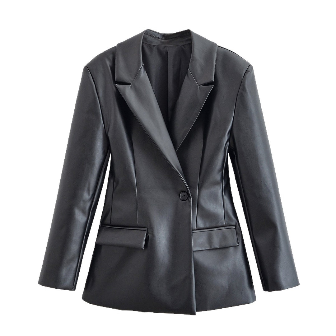 Damen Taillierter Longline-Kunstlederblazer mit Ein-Knopf-Verschluss und Pattentaschen Drune