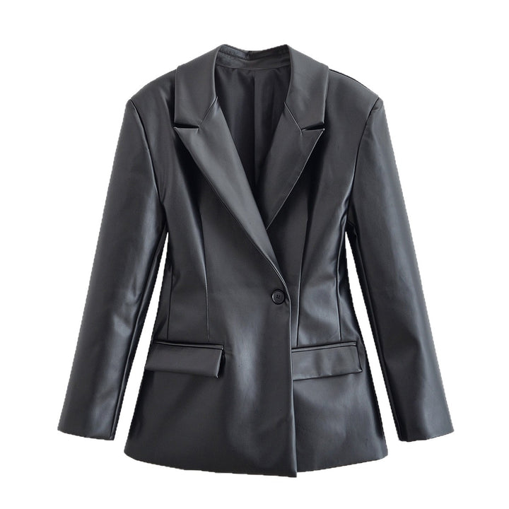 Damen Taillierter Longline-Kunstlederblazer mit Ein-Knopf-Verschluss und Pattentaschen Drune