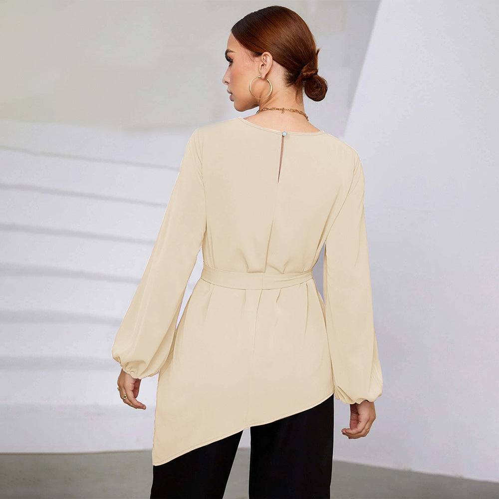 Damen asymmetrische Tunika-Bluse mit Ballonärmeln und Taillengürtel Drune